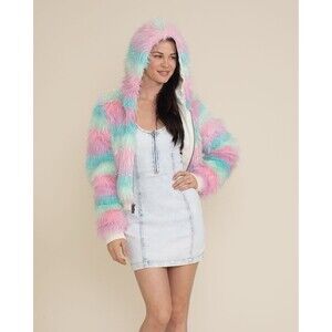 SpiritHoods Doll Party Jacket Women XS Cropped Hooded Faur Fur Festival Glitter